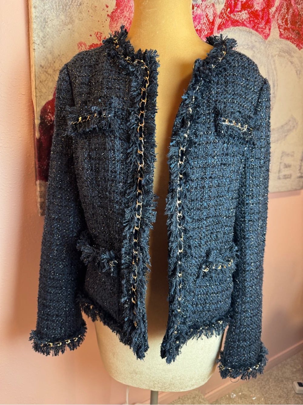 Boston Proper Parisian Navy Tweed Chain-Trim Collarless Blazer - Picture 2 of 9